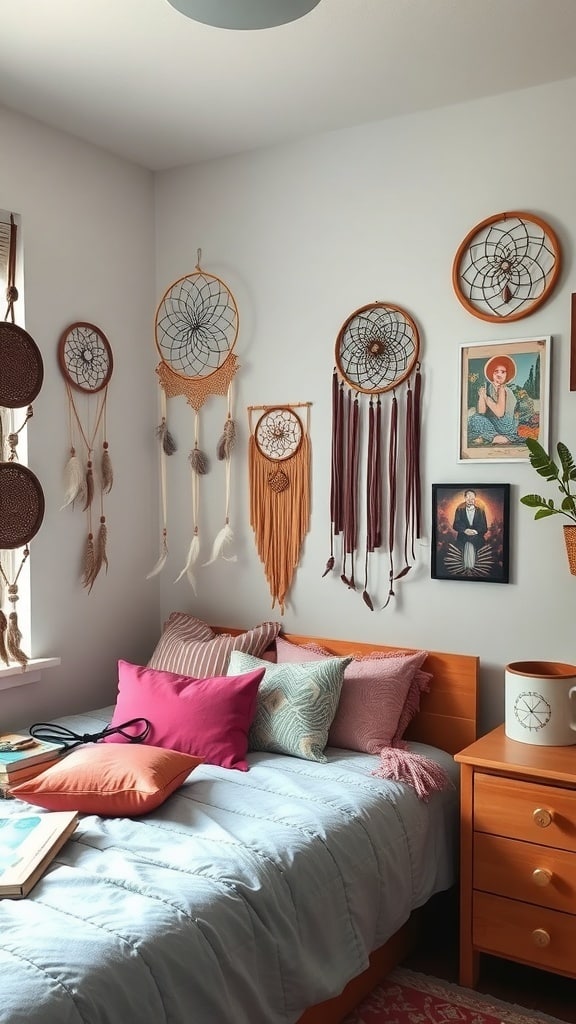 A cozy dorm room featuring dreamcatchers and colorful wall art, with a bed adorned with pillows.