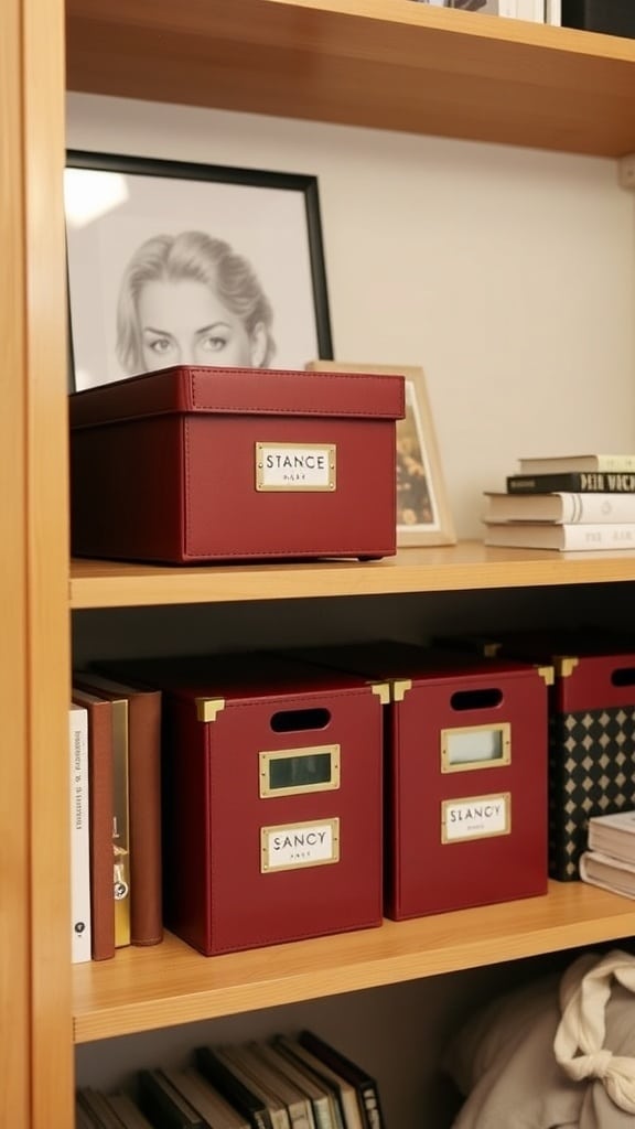 Burgundy storage boxes on a wooden shelf with books and a framed photo
