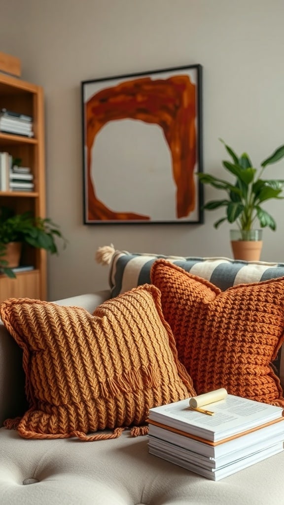 Cozy couch with textured burnt sienna throw pillows and a stack of books