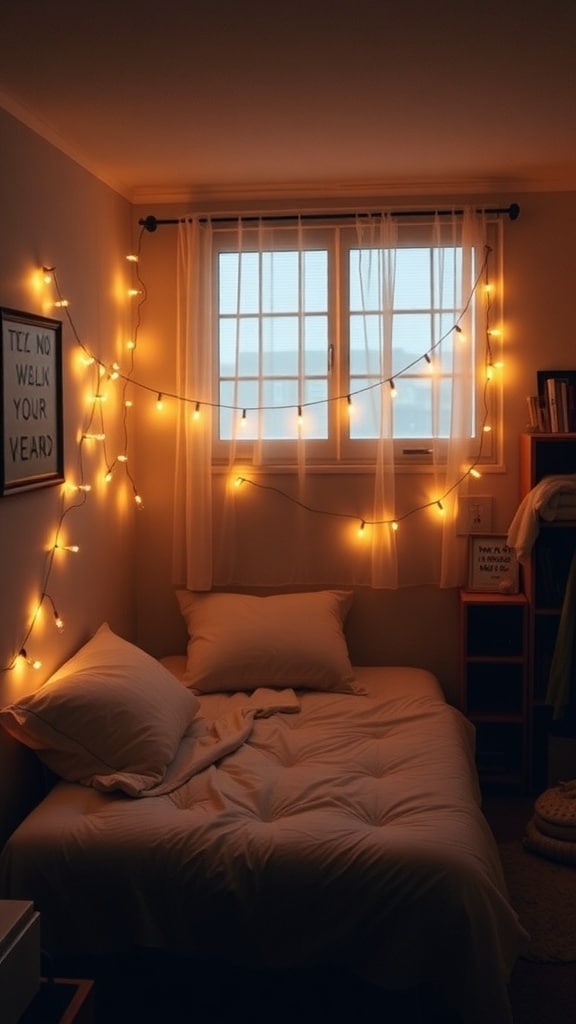 A cozy dorm room with string lights hanging around a bed, creating a warm atmosphere.