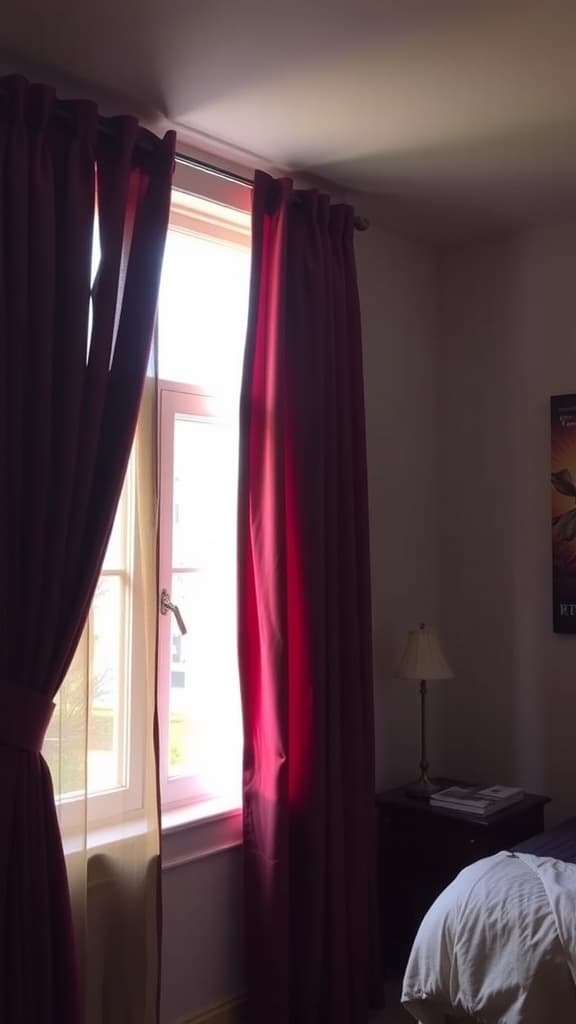 Burgundy curtains hanging in a dorm room window