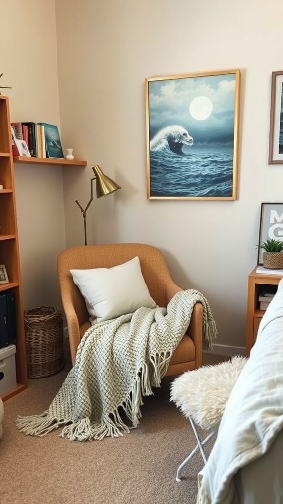 Cozy reading nook with a chair, blanket, lamp, and ocean-themed artwork.