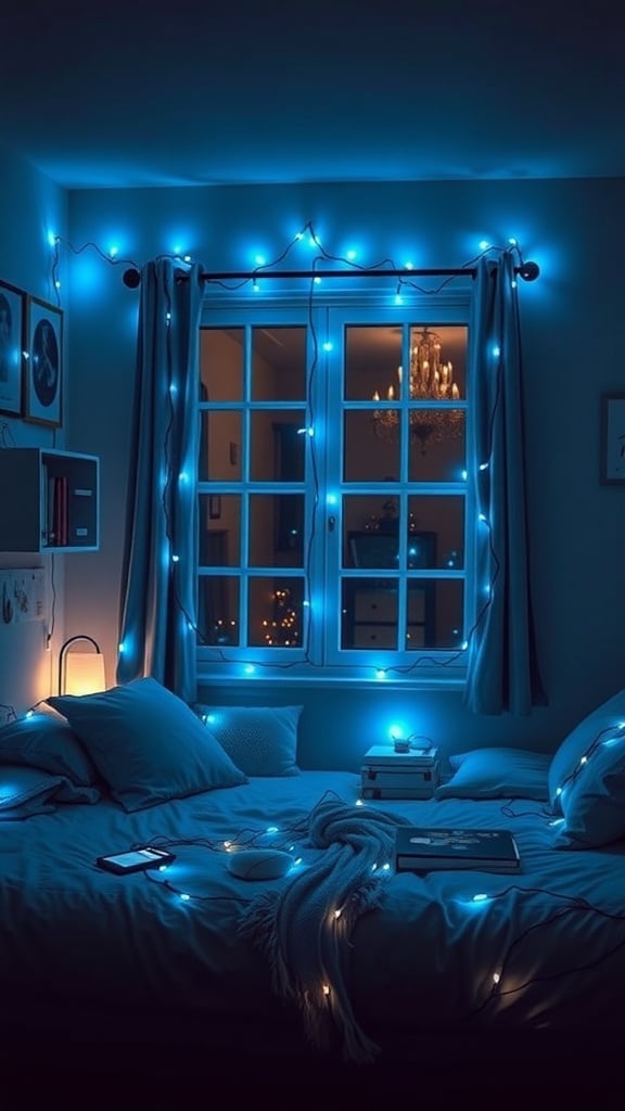 A cozy dorm room with slate blue ambient lighting from fairy lights around the window, soft pillows on the bed, and a warm lamp.