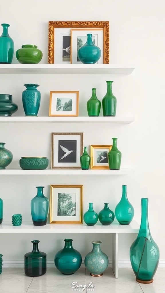 A collection of emerald green decorative vases and framed art on white shelves.