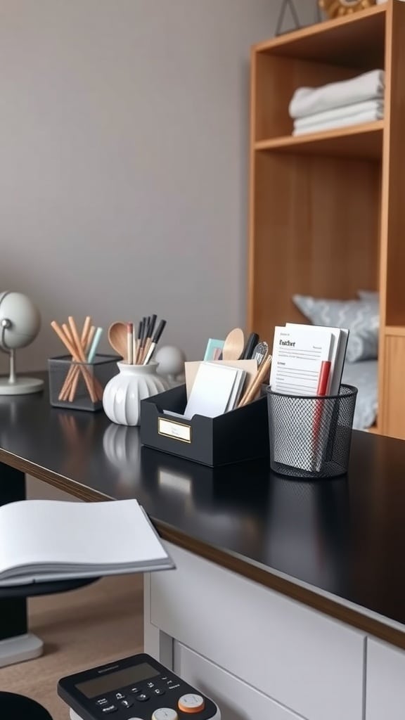A minimalist desk setup featuring black desk accessories, including an organizer, pencil holder, and a decorative ceramic piece.