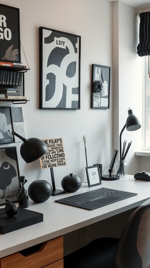 Minimalist black dorm room workspace with black accessories