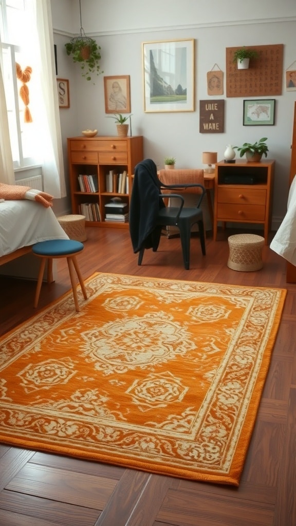 A cozy dorm room featuring a vintage ochre rug, wooden furniture, and warm decor.