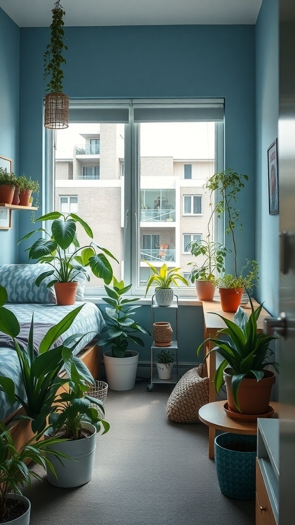 A cozy dorm room with dusty blue walls filled with various plants in pots, creating a fresh and inviting atmosphere.