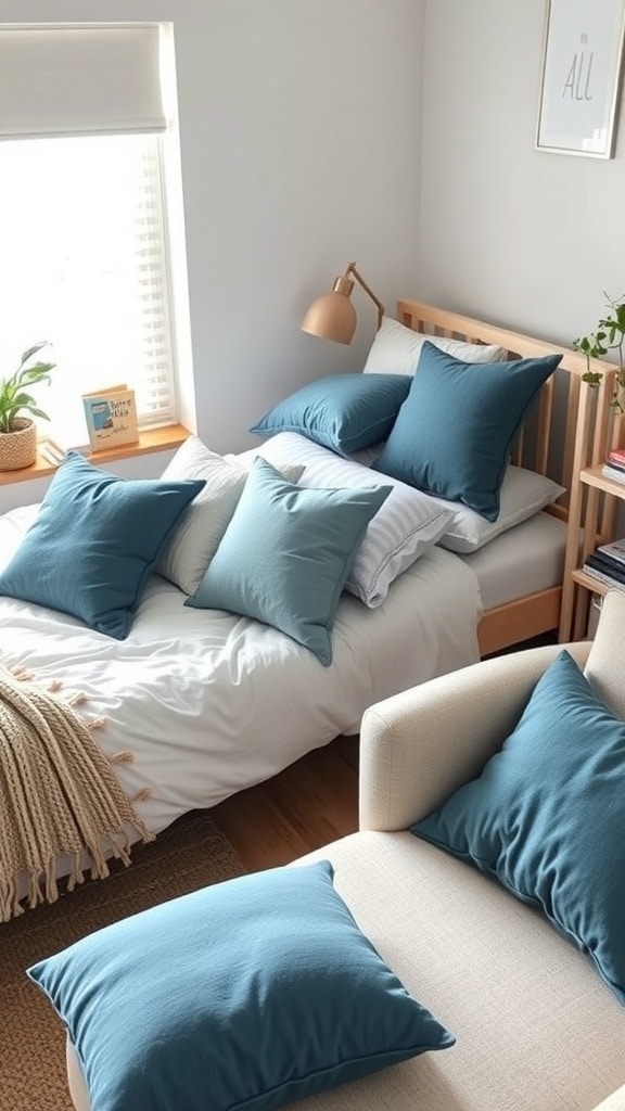 Cozy dorm room with slate blue throw pillows on a bed and chair