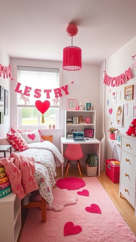 A whimsical dorm room featuring pink decor, unicorn banners, and a cozy bed.