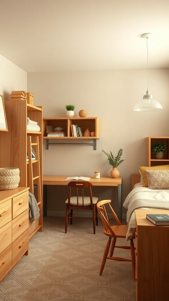 A cozy dorm room featuring natural wood furniture, including a desk, shelves, and a bed, with warm tones and a minimalist design.
