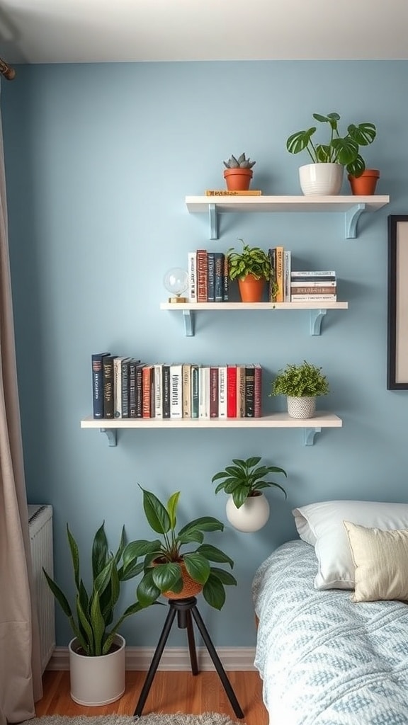 A light blue dorm room featuring wall-mounted shelves with books and potted plants.