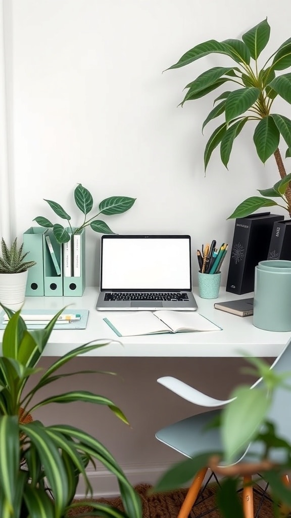 A stylish desk with sage green accessories, laptop, plants, and organized folders.