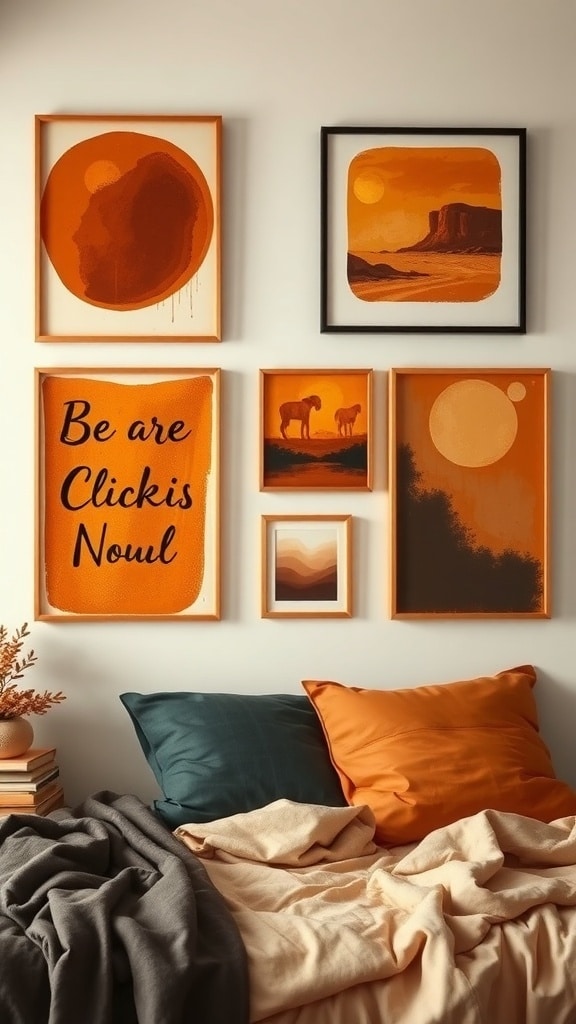 A collection of burnt sienna wall art pieces arranged above a bed with teal and orange pillows.