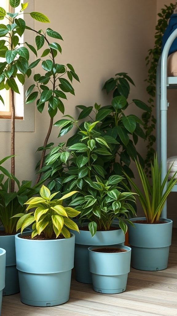 A collection of plants in light blue pots arranged in a dorm room setting.