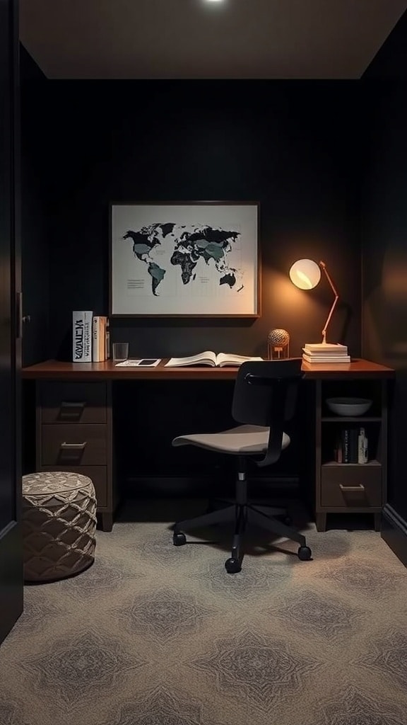 A cozy study nook with a dark wall, a wooden desk, a world map on the wall, and a stylish lamp.