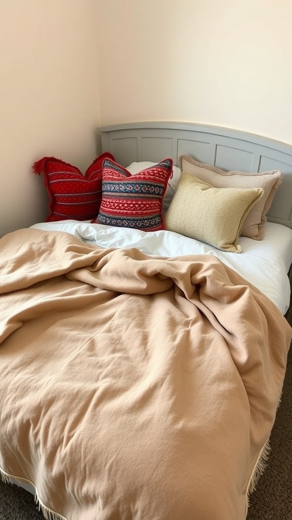 A cozy bed with layered textiles, featuring a taupe blanket and colorful patterned pillows.