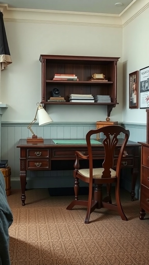 Antique style wooden desk and chair in a vintage dorm room setting.