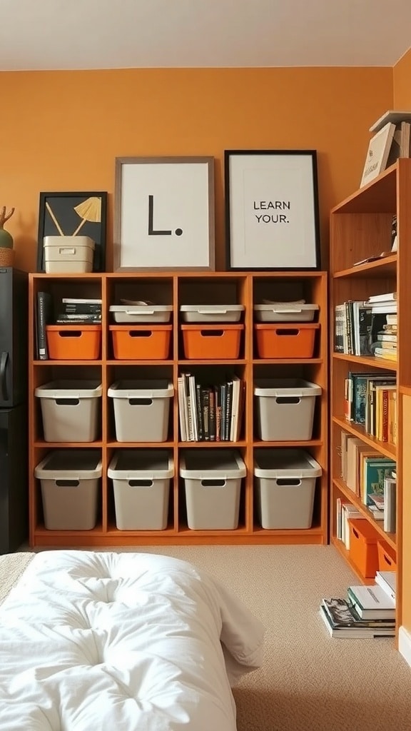 A stylish burnt sienna storage unit with bins and framed art in a dorm room.