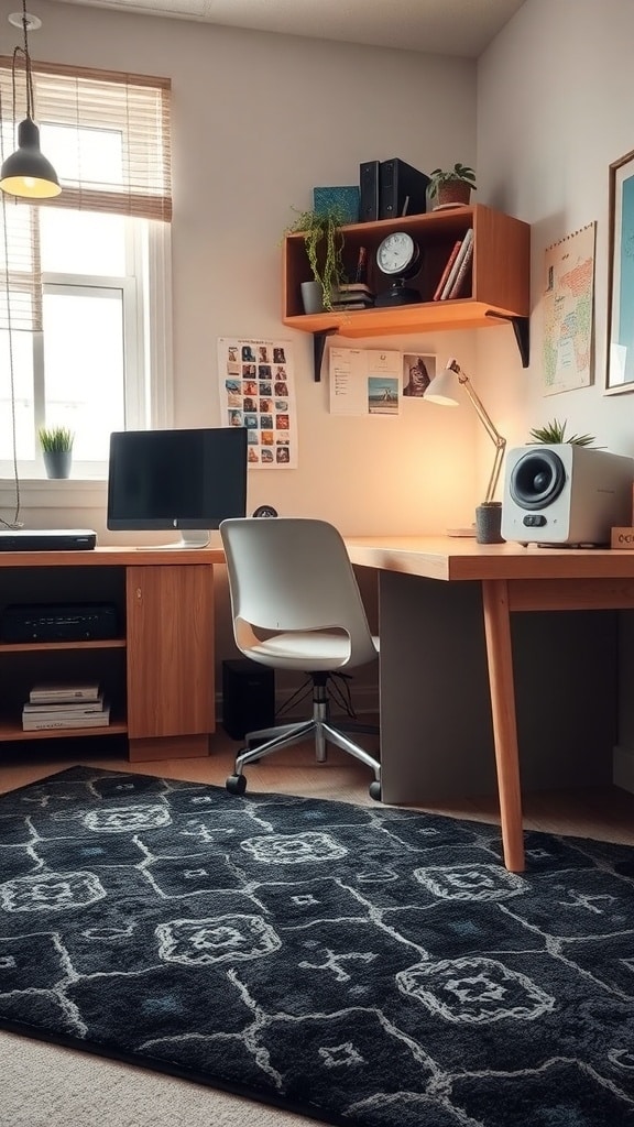 A minimalist dorm room featuring a black accent rug, wooden desk, and modern decor.