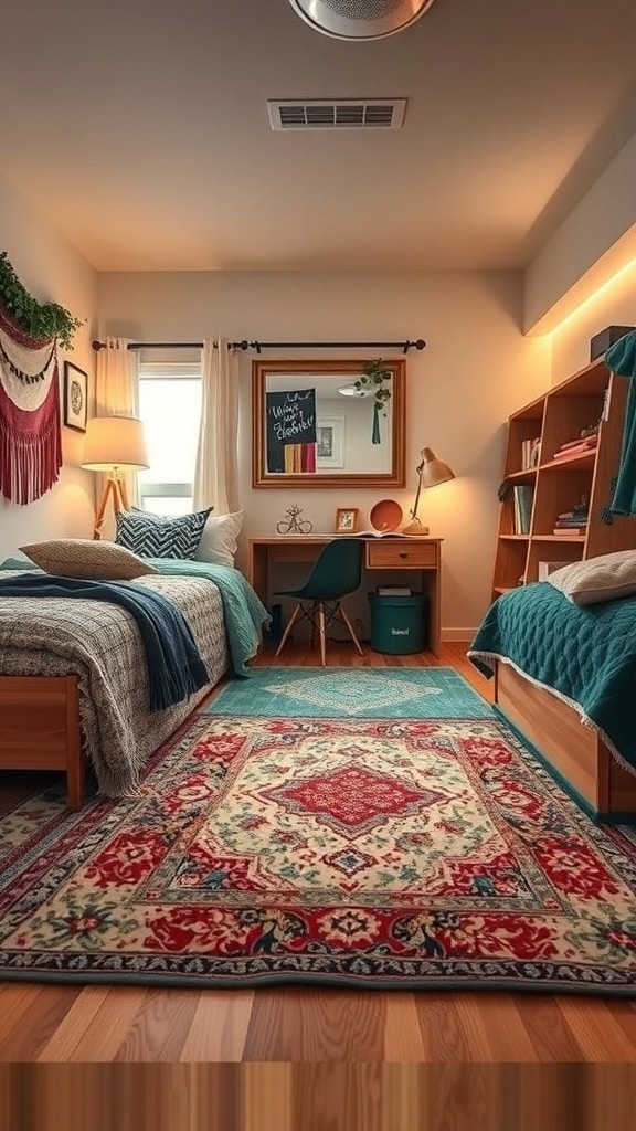 A cozy dorm room featuring layered rugs in teal and red, with two beds and a study area.