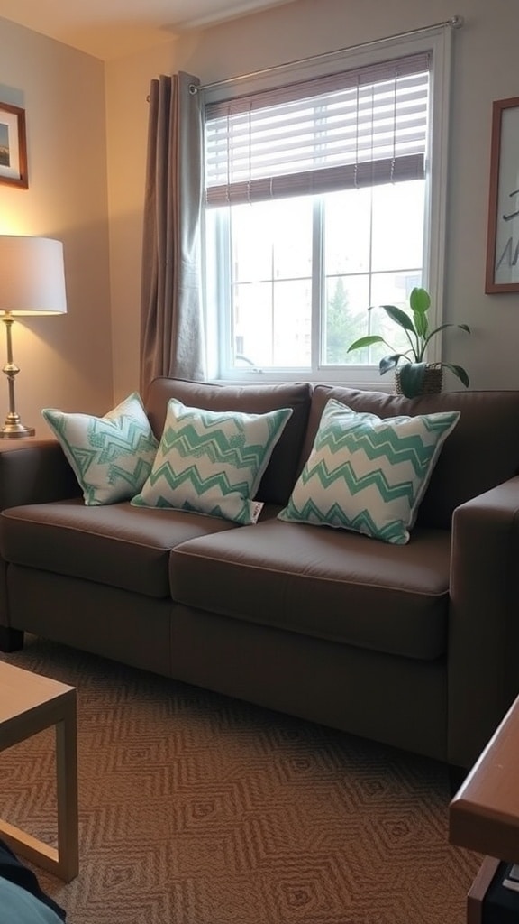 A cozy couch with mint decorative pillows featuring a zigzag pattern, enhancing the dorm room's decor.