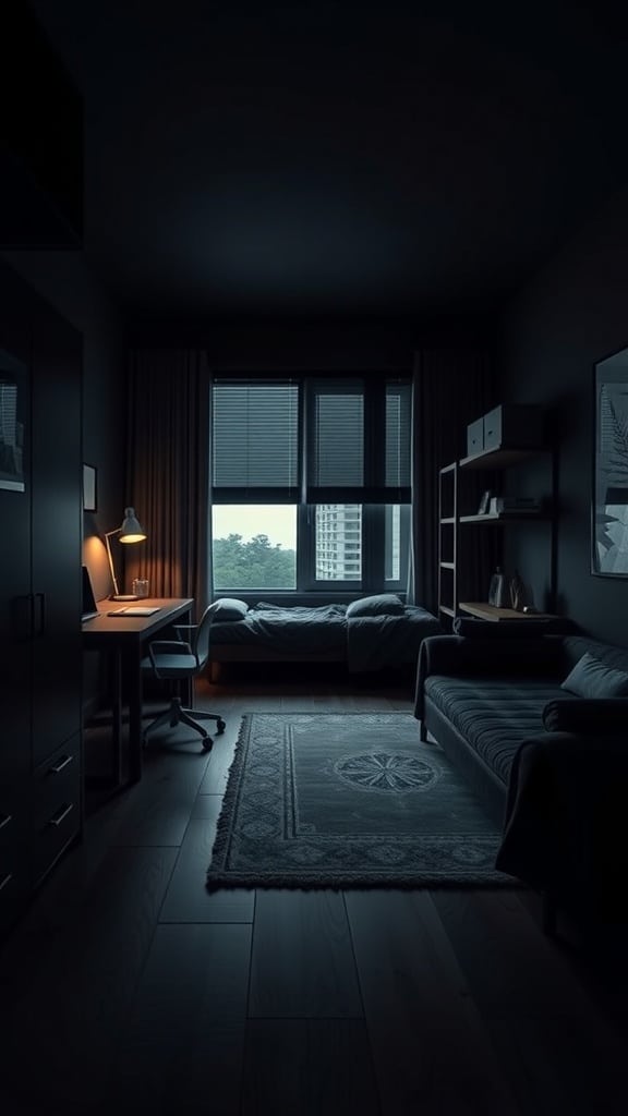 A dark dorm room featuring sleek minimalist furniture, including a desk, chair, bed, and sofa.