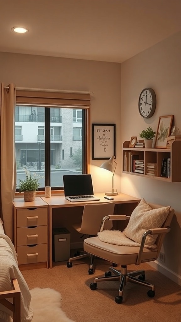 A cozy study nook in a dorm room featuring a beige desk, comfortable chair, laptop, and decorative items.