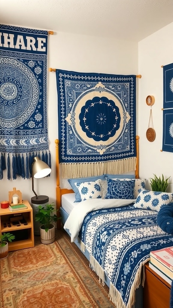A cozy dorm room featuring indigo wall hangings, patterned bedding, and plants.
