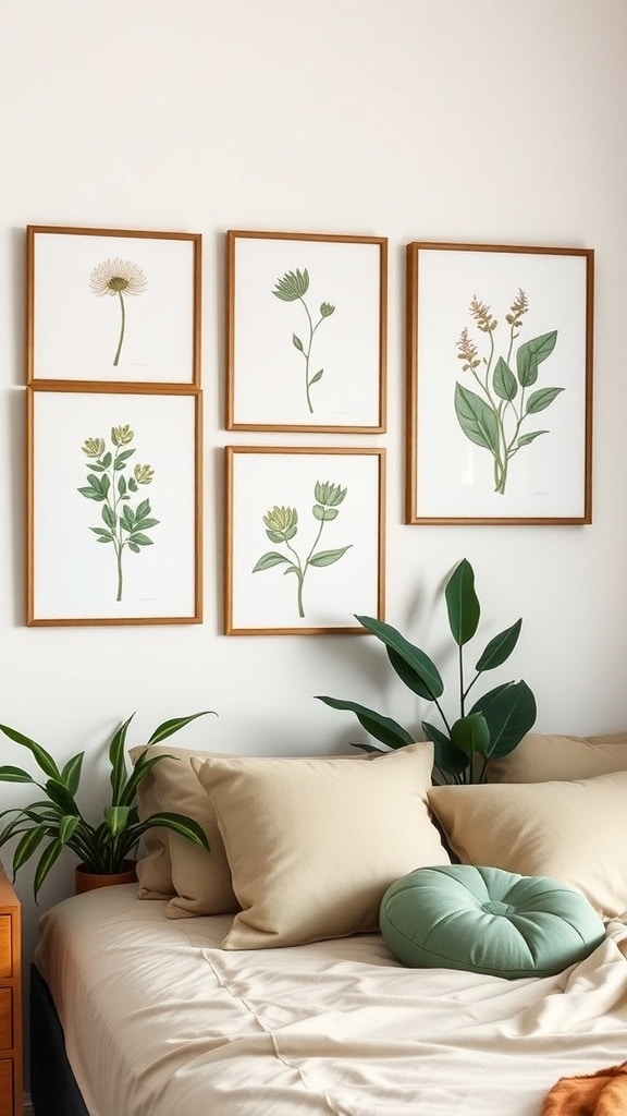 Framed botanical prints on a wall above a bed with green and beige decor