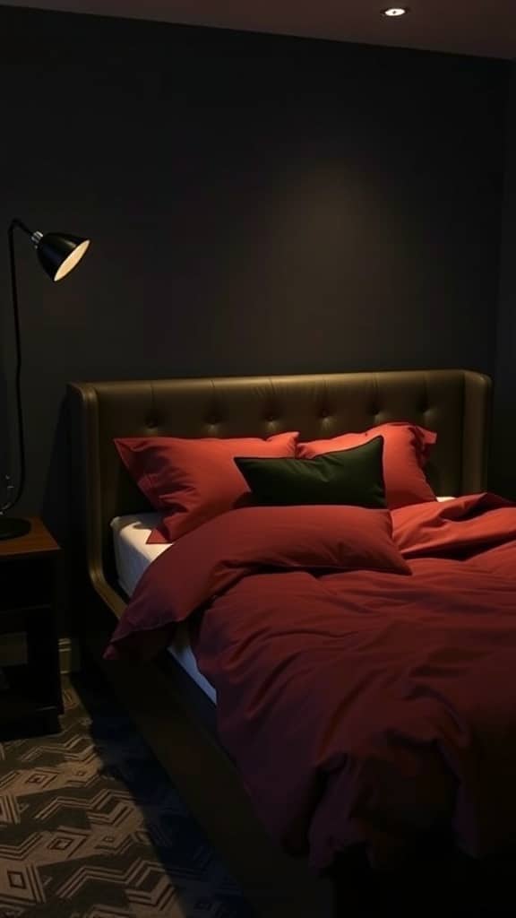 A stylish dark dorm room with a luxurious bed featuring rich red bedding and a green accent pillow.