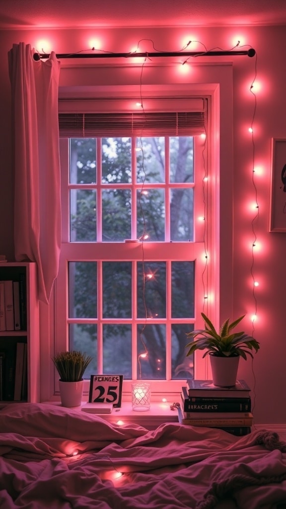 A cozy dorm room featuring blush pink string lights draped around a window, with a plant and books on a bed.