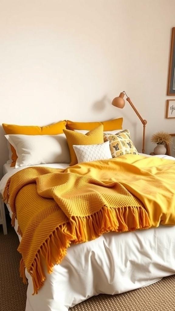 A cozy bed with mustard yellow bedding, featuring a textured throw blanket and decorative pillows.