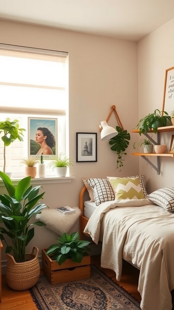 A cozy dorm room featuring a taupe and green color palette with plants, bedding, and artwork.