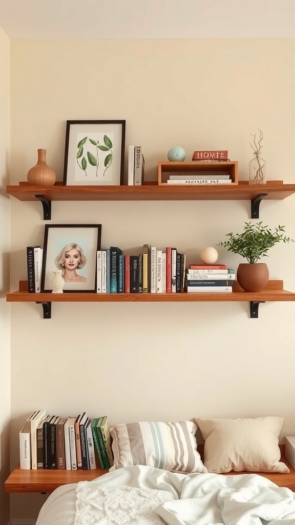 A cozy dorm room with floating wooden shelves displaying books, decorative items, and a framed photo.