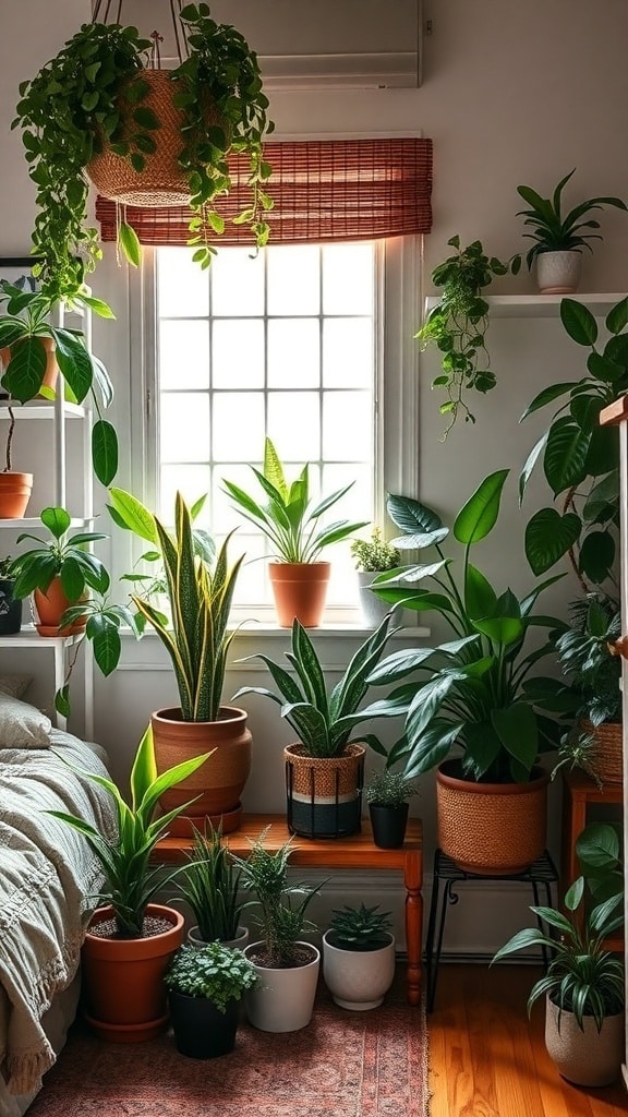 A cozy dorm room corner filled with various indoor plants, showcasing a mix of hanging and potted greenery.