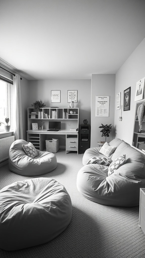 A cozy lounge space in a dorm room featuring bean bags and a minimalist design.
