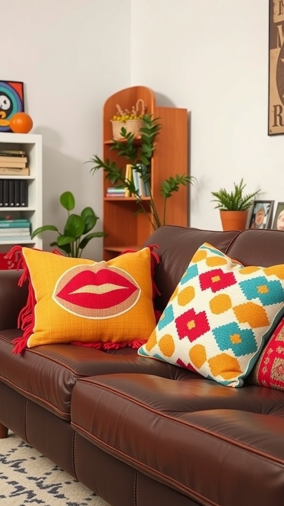 A cozy couch with retro style throw pillows featuring a lip design and a colorful geometric pattern.