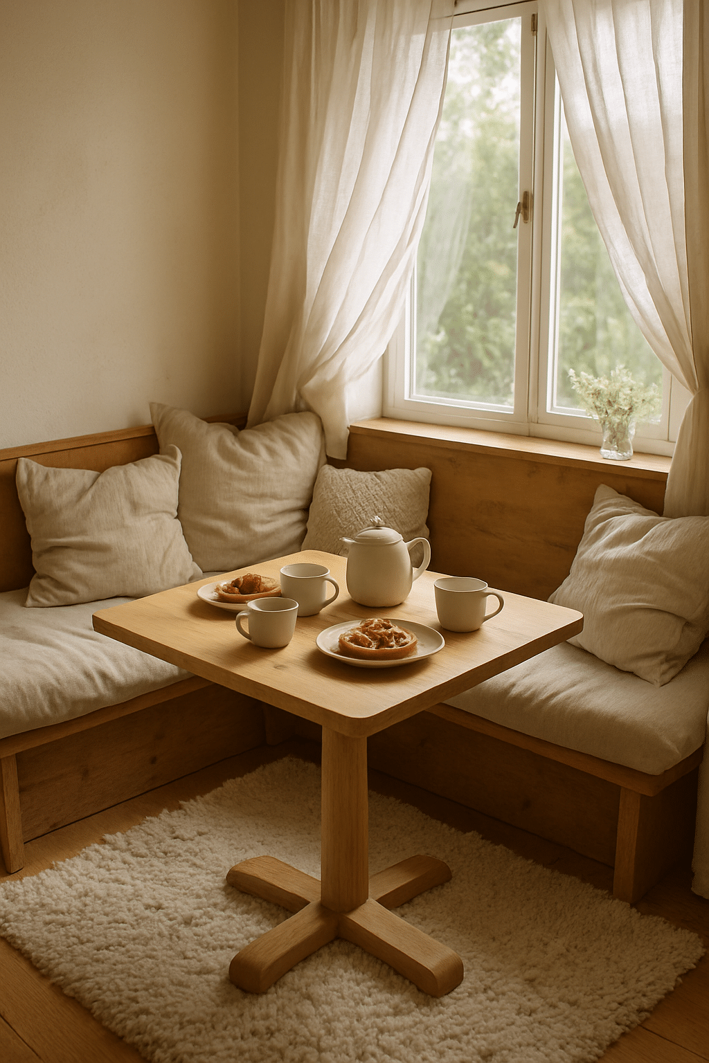 A cozy breakfast nook with soft cushions, a wooden table, and light curtains.