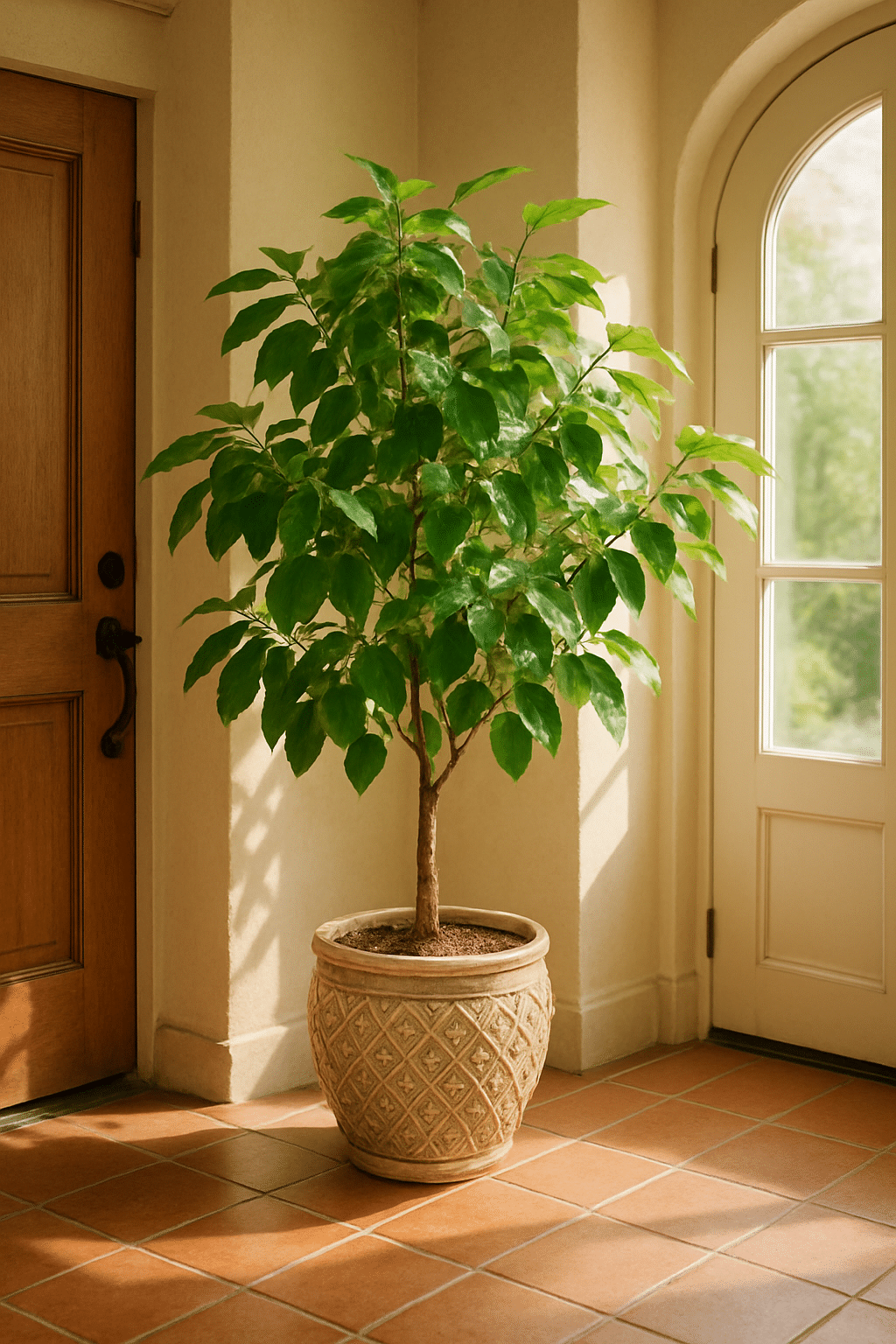 A tall potted plant with lush green leaves positioned near a door in a bright entryway.