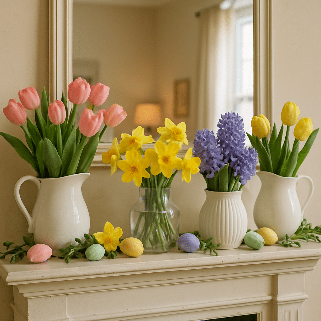 A mantle display featuring pink tulips, yellow daffodils, purple hyacinths, and pastel Easter eggs.