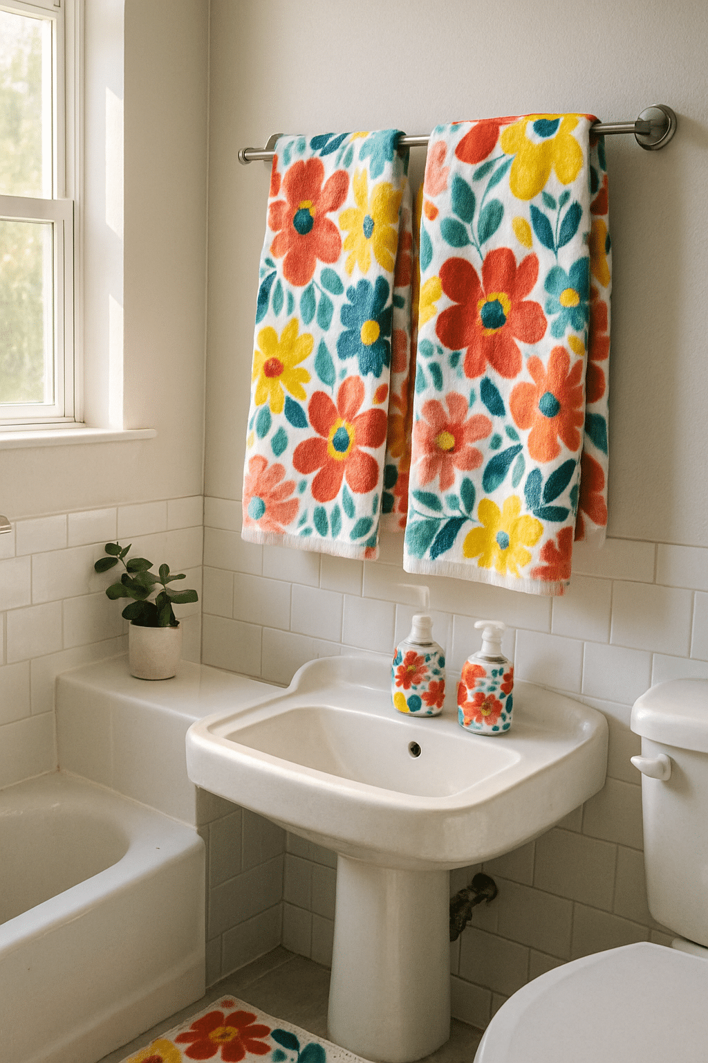 A bright and cheerful bathroom featuring floral towels, soap dispensers, and a small plant.
