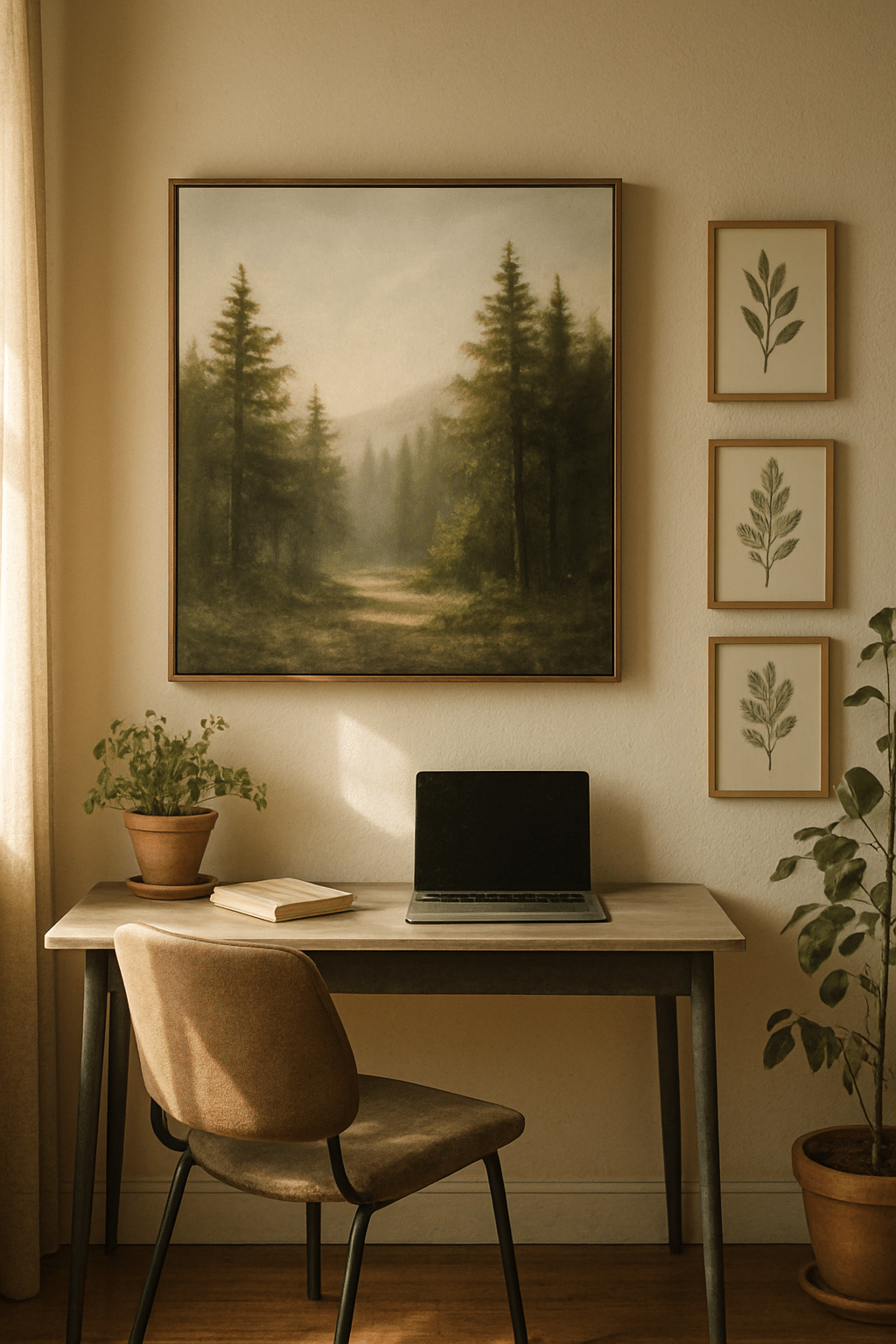 A home office with nature-inspired artwork, featuring a forest painting and botanical prints, creating a serene workspace.
