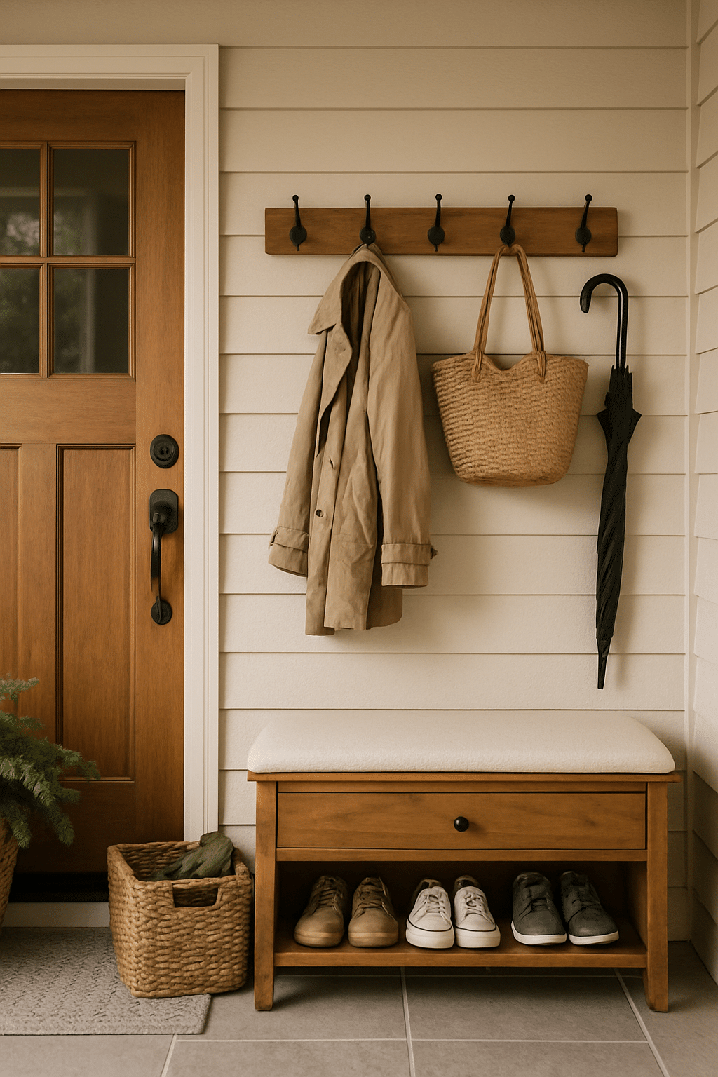 Functional front porch with coat hooks, a bench, and storage baskets.