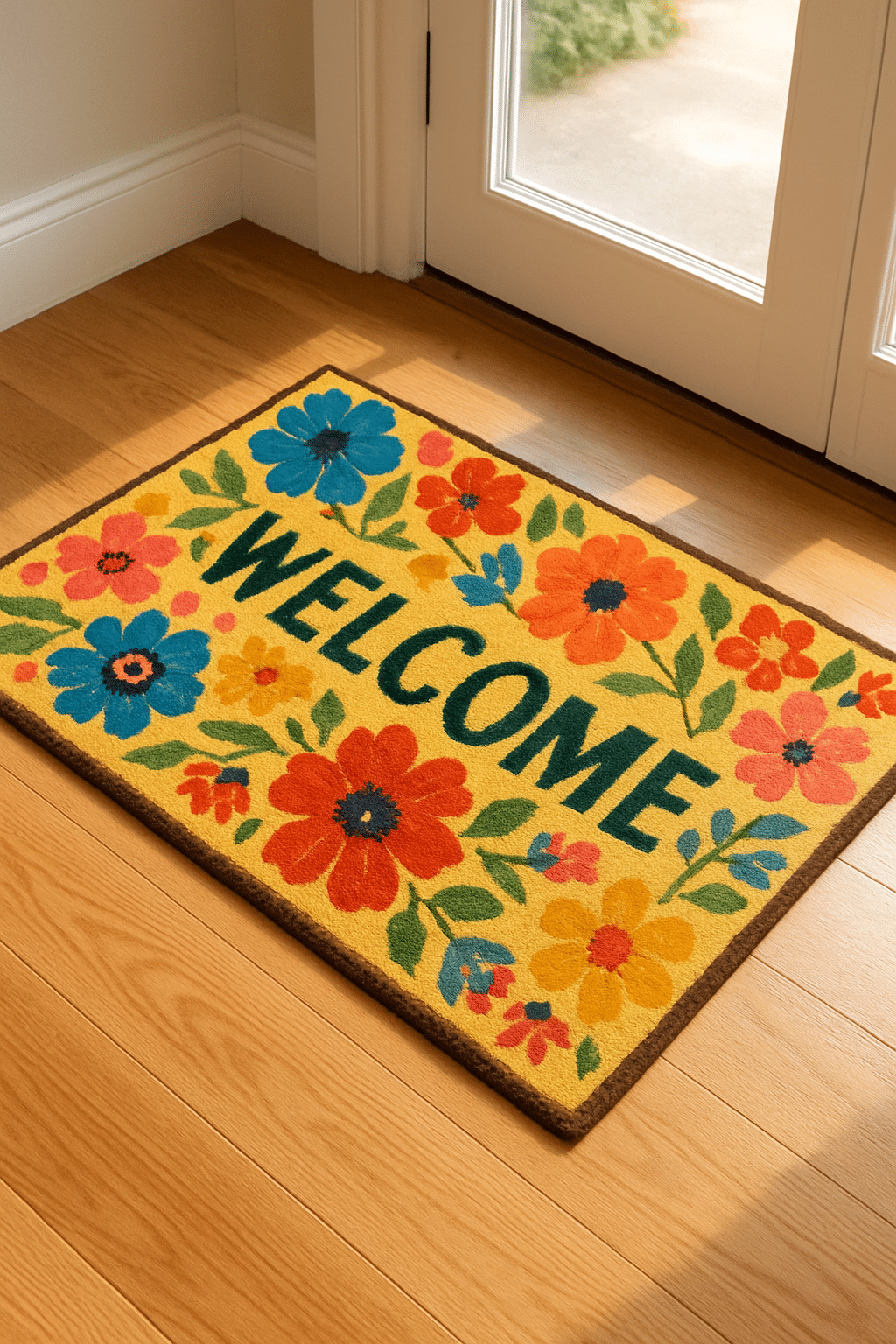 Colorful indoor doormat with flowers and the word 'WELCOME'
