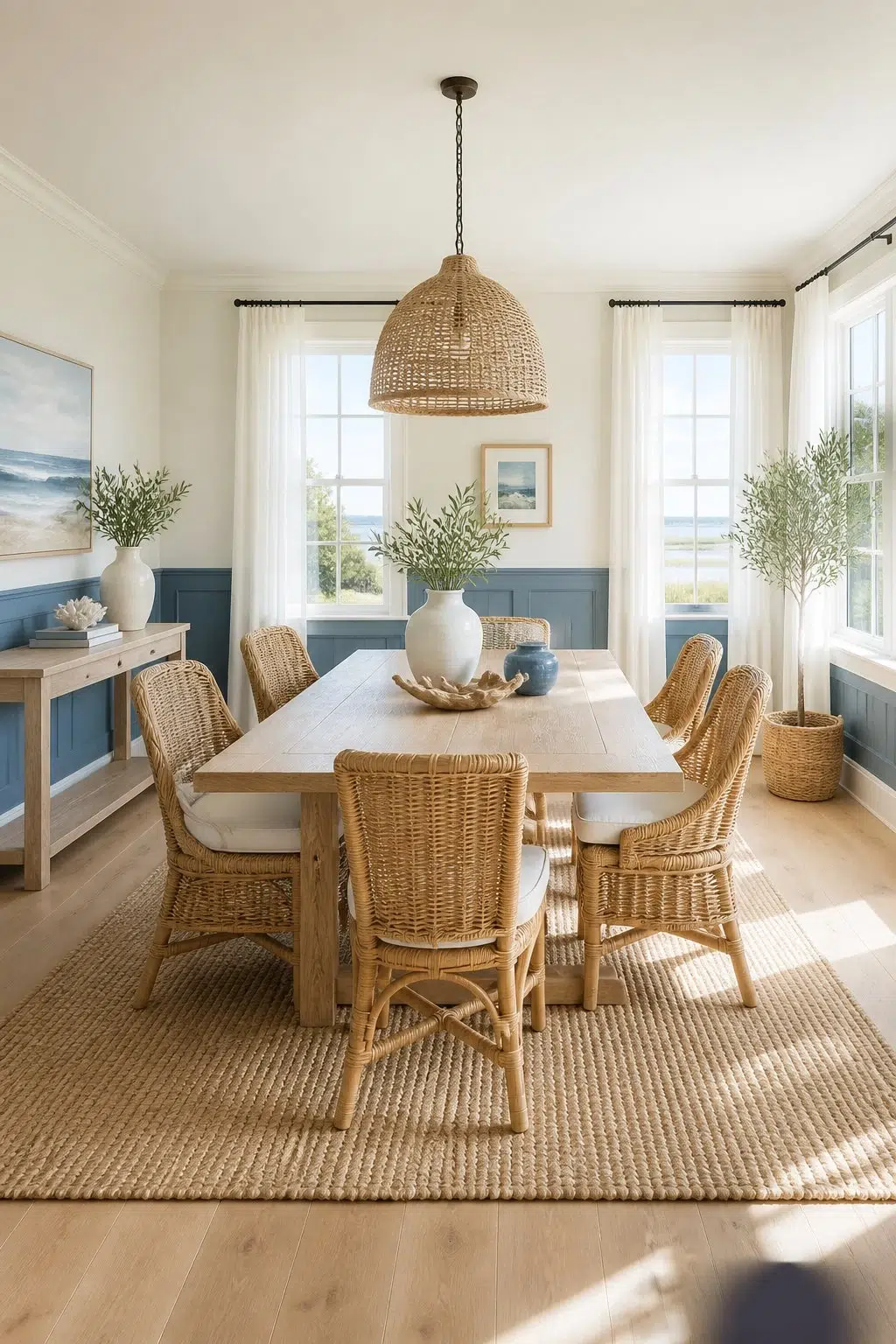 Coastal Dining Room with Blue Wainscoting — Adirondack Blue by Behr