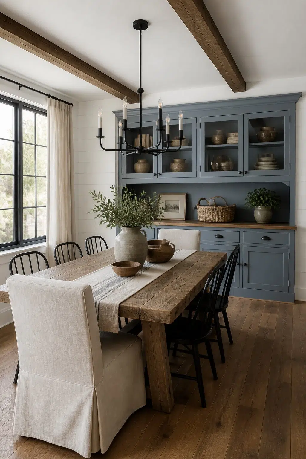Modern Farmhouse Dining Room with Blue Built-Ins — Adirondack Blue by Behr