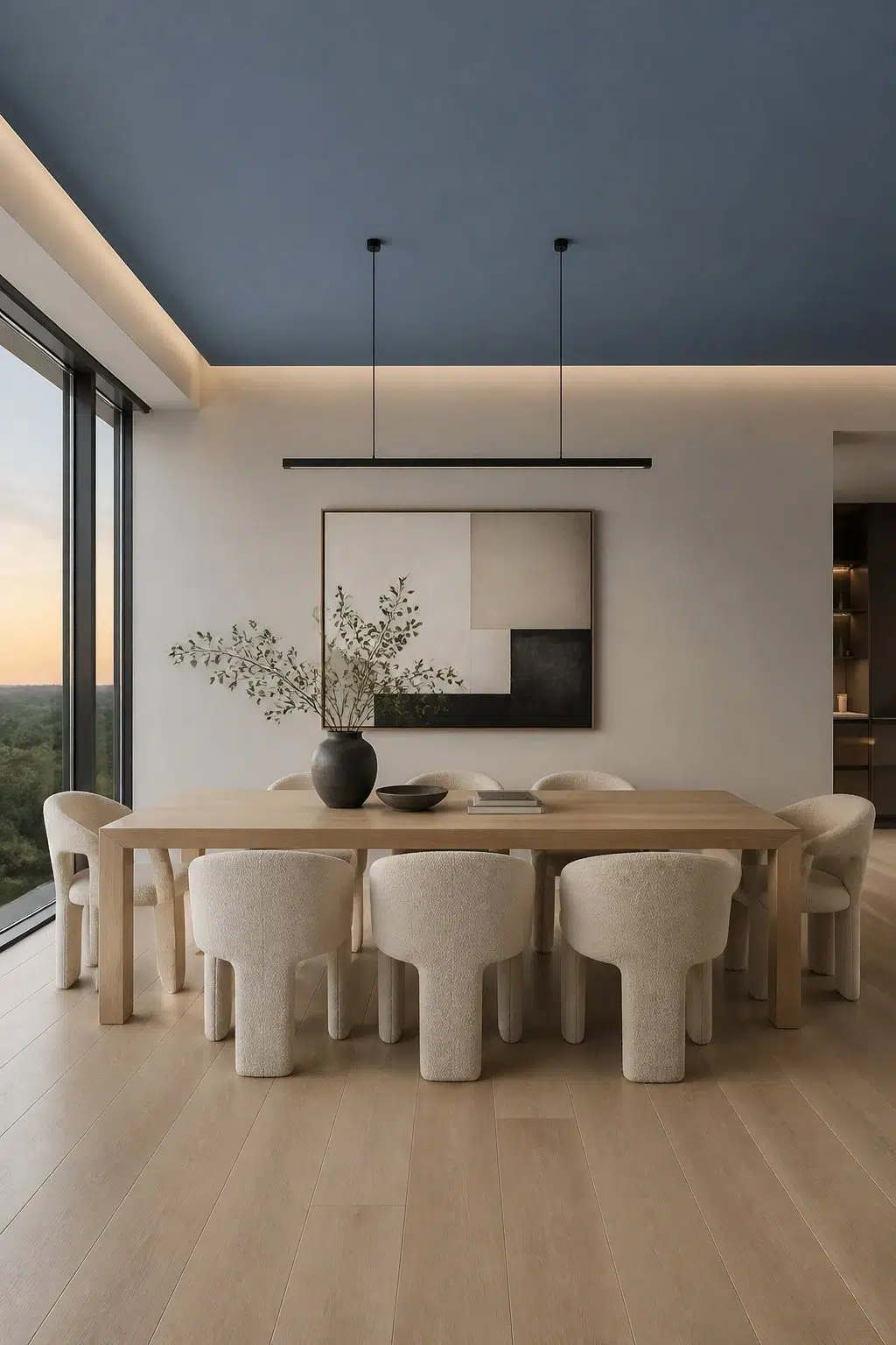 Contemporary Dining Room with Blue Ceiling — Adirondack Blue by Behr