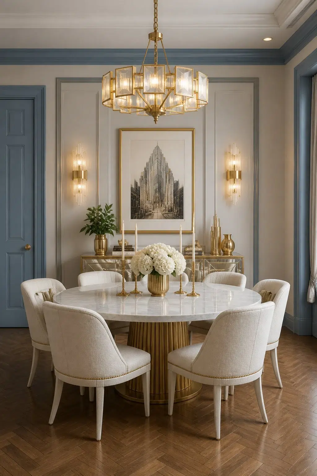 Art Deco Dining Room with Blue Trim Details — Adirondack Blue by Behr