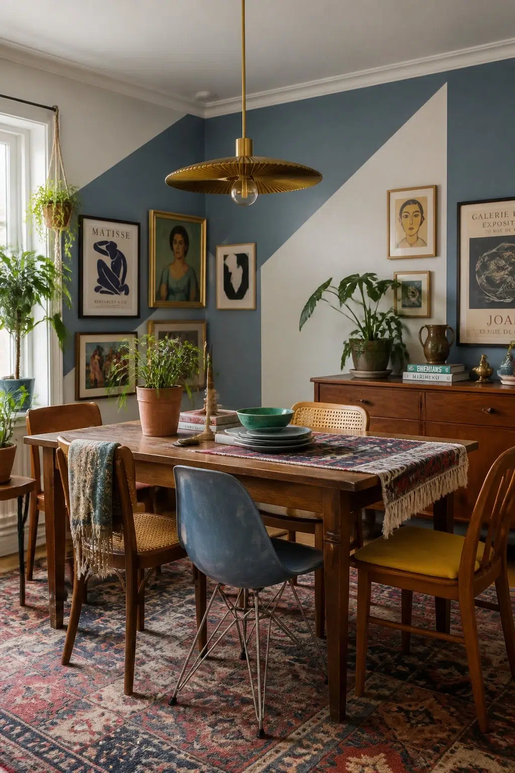 Eclectic Dining Room with Blue Color Blocking — Adirondack Blue by Behr